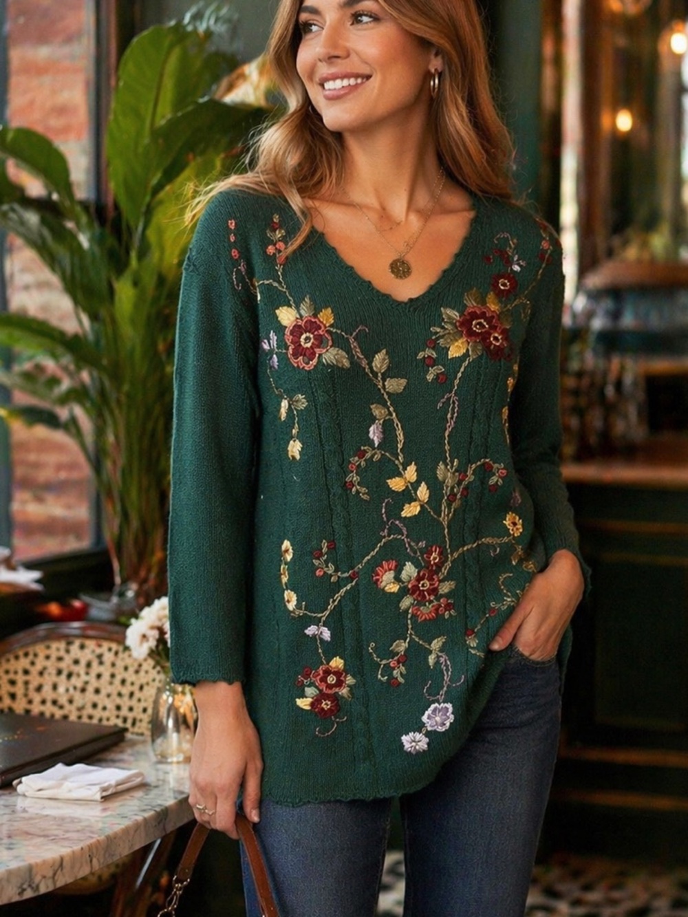 Carolyn Taylor Green Beaded Embroidered Cottage Floral Y2K Grandma Sweater Sz S